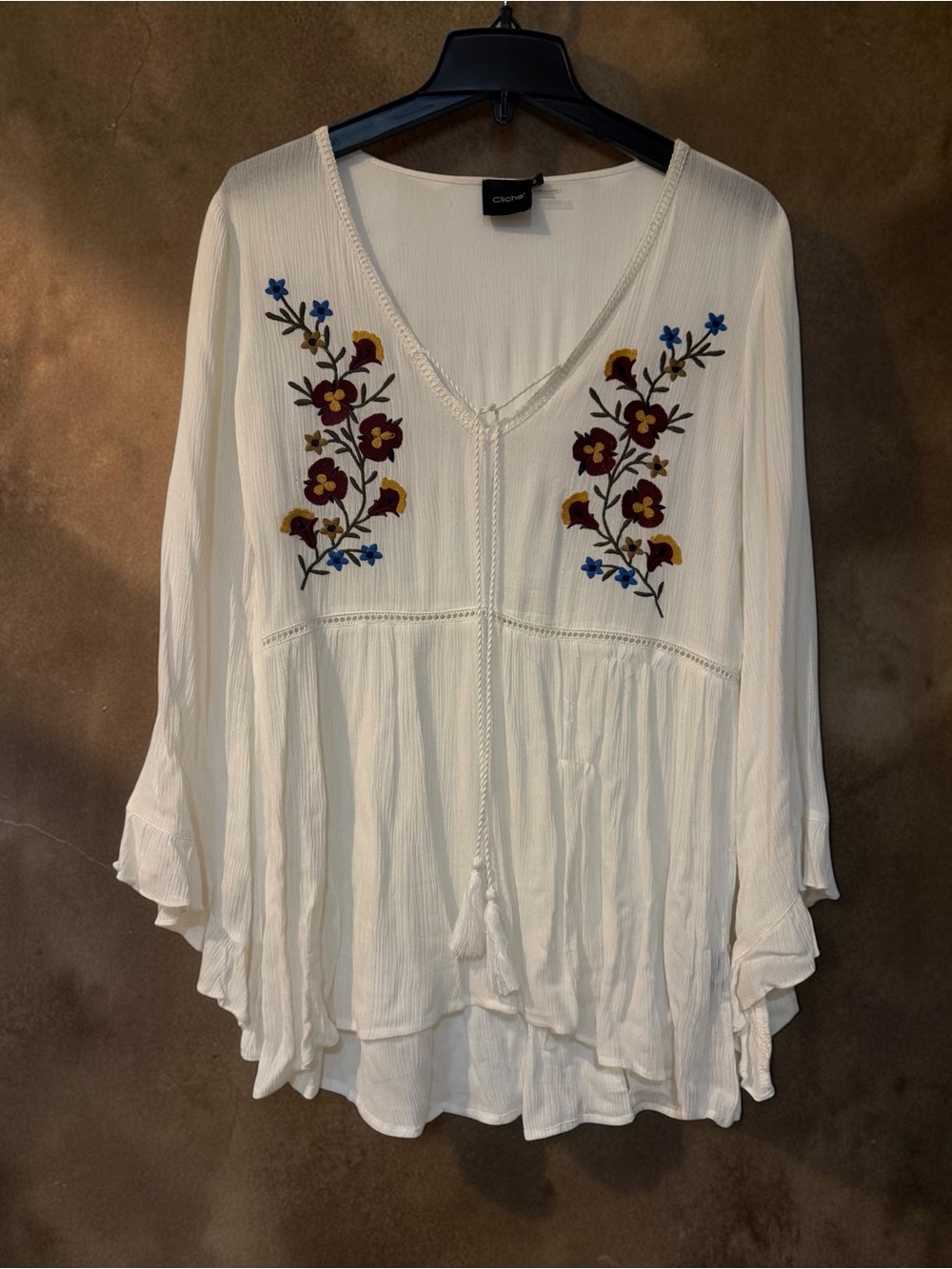 Cliche Boho Top Embroidery Bell Sleeves Front Tie Lightweight Cotton